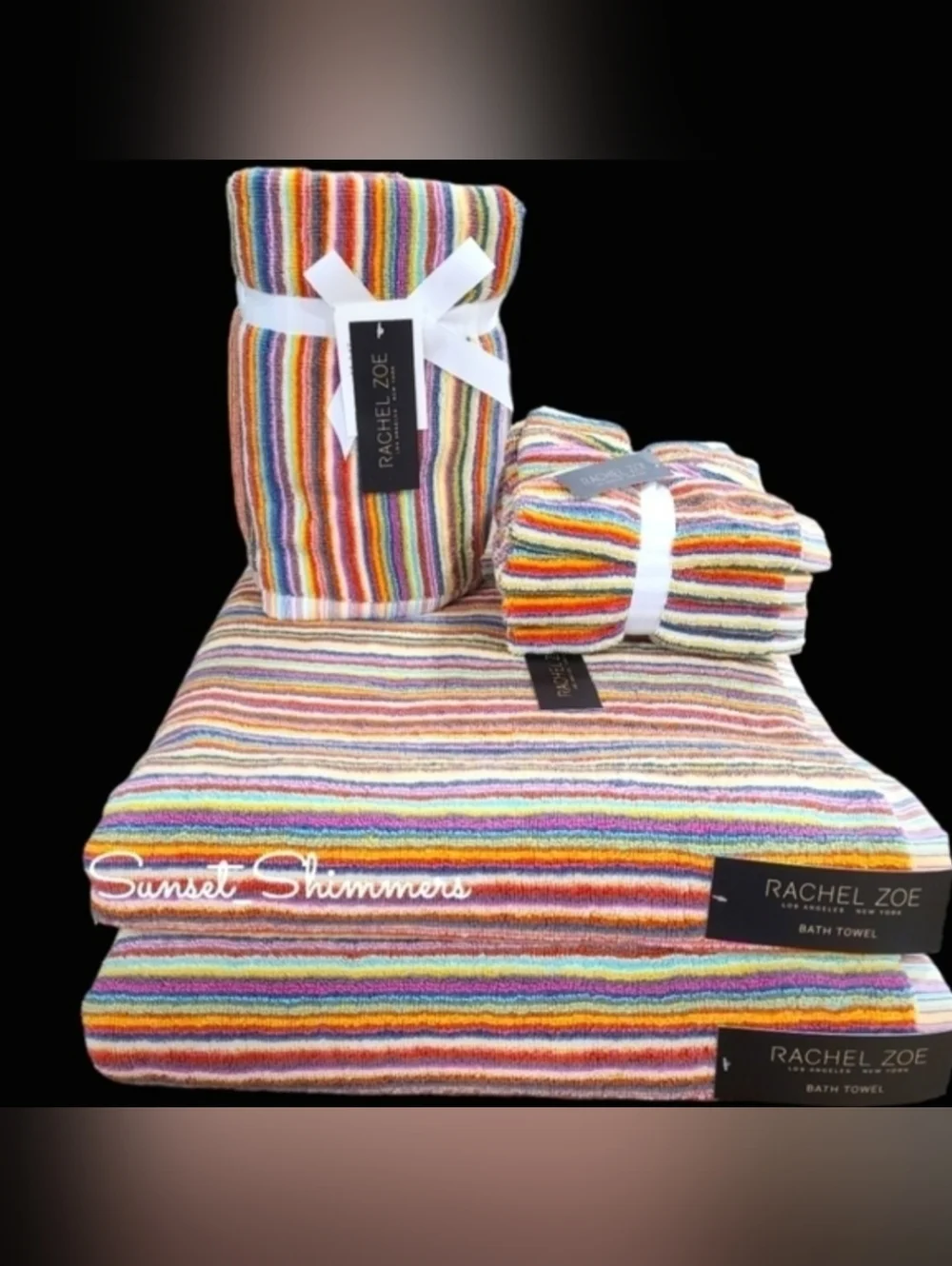 8pc Rachel Zoe Cotton Rainbow Striped Multicolored Bath Hand Washcloth Towel Set